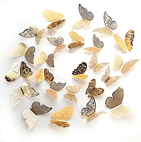36 Golden Butterfly Adornment Hollow Out 3D Butterfly Stickers Shiny Wall Post Children DIY Home Decoration Art Decorative Wall Mural Kindergarten Bedroom Door Bathroom and Party Decorations