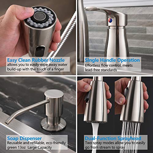 Hotis 3 Hole Pull Out Prep Sprayer Stainless Steel Single Handle Pull Down Kitchen Faucet, Brushed Nickel Kitchen Sink Faucet with Soap Dispenser - Thumbnail 2