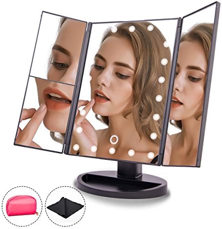 Makeup Mirror Trifold 22 Led Lighted with Touch Screen, Travel Vanity Mirror, 1x/2x/3x Magnification and Dual Power Supply, 180° Rotatable for Women Cosmetic Makeup by Toleap (Black)