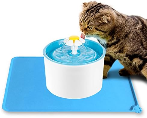 Enjoying Flower Fountain - Pet Water Fountain with Damp proof Silicone Pet Food Mat for Small Medium Dog Cat - Blue