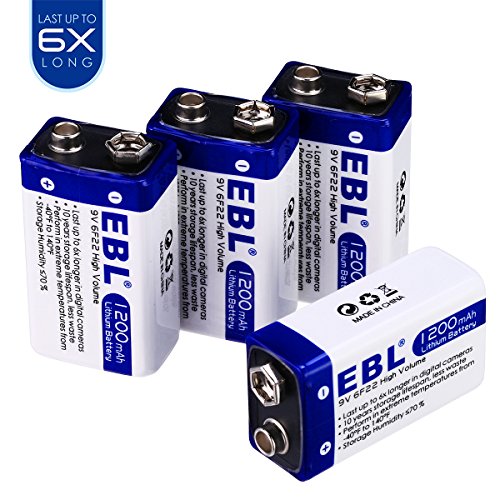 EBL Advanced 9V 1200mAh Lithium Batteries, 4 Packs