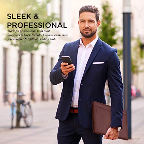 Professional Business Padfolio Portfolio Organizer Interview Folder with Notepad and Removable 3 Ring Binder, Card Slots, Multiple Zippered Pockets - Almond Brown Synthetic Leather
