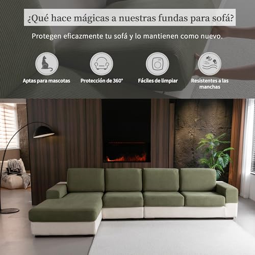 OHSIO Elastic Sofa Cushion Cover, Non-Slip, Washable, Universal, Durable and Easy to Clean (Green, 2 S Seat Covers + 1 Chaise Longue Cover)