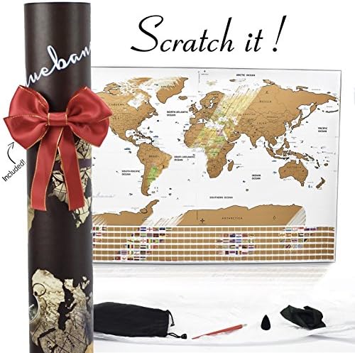 Scratch off Map of the World : Track your travel Adventures White Elegant Design USA Map with States / World Map Poster with Flags & Accessories Gift for Travelers Men Women Office by BLUEBANA