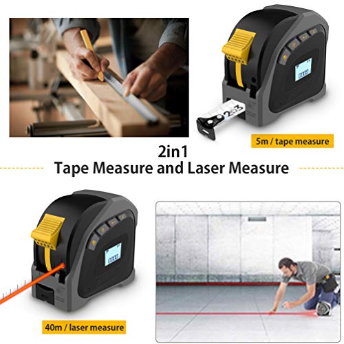 Laser Tape Measure 2-in-1, Measuring Tape, Laser Measure 131Ft, Tape Measure 16Ft, M/In/Ft - Pythagorean Distance Area and Volume - Construction Laser Measurement Tool LCD display USB Rechargeable