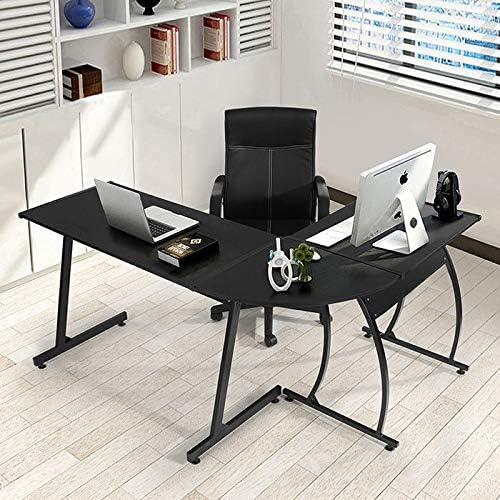 Fitnessclub L-Shaped Corner Computer PC Desk Gaming Desk Laptop Wood Table Workstation For Studio Home Office Workstation and School Furniture Black Board Steel Frame