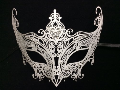 His (Silver) & Hers(white) Masquerade Couples Venetian Design Masks - 2 Piece Silver Colored Set - Perfect Couple Mardi Gras Queen Party Halloween Ball Prom