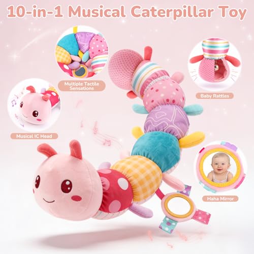 Joyreal Baby Girl Toys Baby Essentials for Newborn, 10pcs Newborn Baby Gifts, Musical Caterpillar Toys, Rattles, Ribbons, Baby Toys 6 to 12 Months, Sensory Toys for Babies 0-6 Months