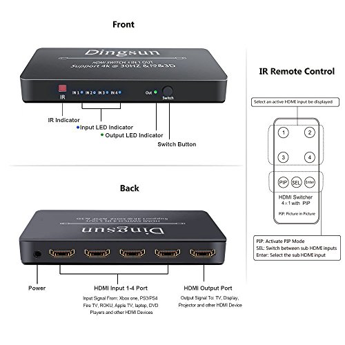 4 Port HDMI Switch, HDMI Switch 4 in 1 Out, HDMI Switch Remote, HDMI Switch Box Support PIP, 4K, 1080P, 3D (Black) - Thumbnail 3