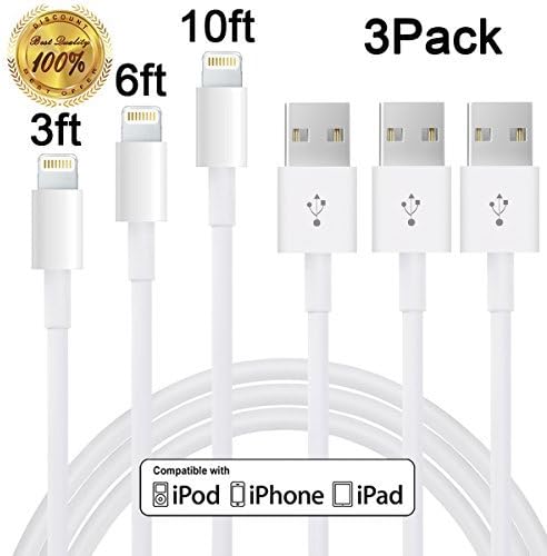Winage 3PCS 3FT 6FT 10FT Extra Long Lightning Syncing and Charging Cable Cord Wire Compatible with iPhone 7/7 plus/6/6s/6 plus/6s plus, 5c/5s/5/SE, iPad 4 Mini Air iPod Nano 7 iPod Touch 5(White)