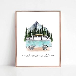 Adventure Awaits Art Print Travel Poster Mountain Wall Decor Blue Tour Bus Painting Wanderlust Gift for Traveler 8x10 inch No Frame