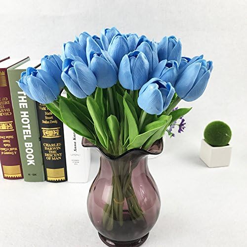 Amkun 10pcs Realistic PU Artificial Holland Tulip Flowers Life-like Faux Bouquet Arrangements for Home Kitchen Living Room Dining Table Wedding Centerpieces Decorations (Blue)