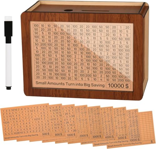 10000 Kakeibo Wooden Money Saving Challenge Box Cash Vault Piggy Bank for Adults Kids Savings Goals Smash Box Saver for Boys and Girls (10 Amounts)