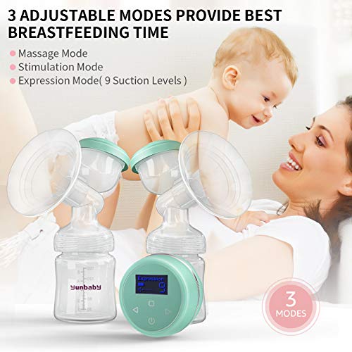 Double Electric Breast Pump, Comfort Breastfeeding Breast Pump Milk Storage Bottle, 9 Adjustable Suction Levels with 3 Modes, Rechargeable Battery USB Charging Voice Guide, BPA Free (Mint Green) - Thumbnail 4