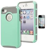 iPhone 4 Case, Bastex Heavy Duty Hybrid Protective Case - Soft Silver Grey Silicone Cover Hard Teal Case for Apple iPhone 4, 4g, 4s 4gsINCLUDES SCREEN PROTECTOR