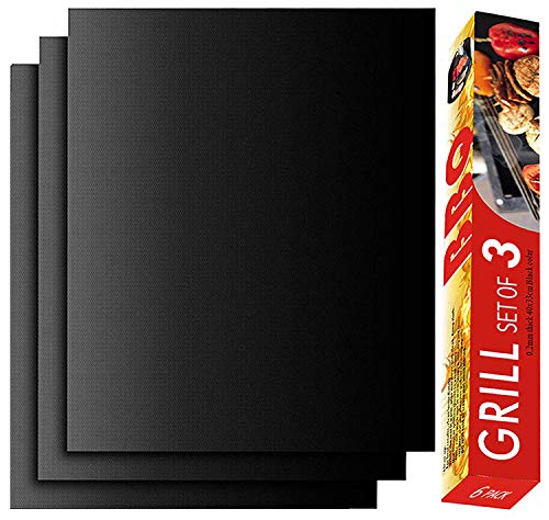 RENOOK Grill Mat and Bake Mat Set of 3 100% Non Stick BBQ Grill & Baking Mats - Reusable, Easy to Clean - Sheets for Gas, Charcoal, Electric Grill-15.75 x 13-Inch,Black