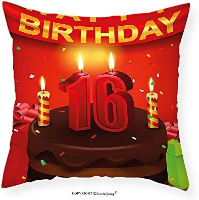 UncleQiang Custom pillowcases 16th Birthday Decorations Party Celebration with Flag Ribbon Chocolate Cake Candles Print for Bedroom Living Room Dorm Multicolor