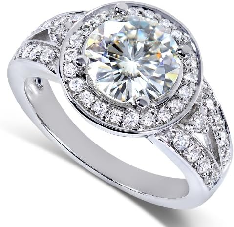 Round Moissanite (1 1/2ct DEW) and Halo Diamond (3/8ctw) Engagement Ring in 14k White Gold - Size 4.5