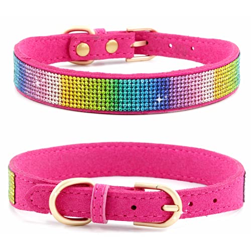 Haoyueer Rhinestone Dog Collar, Cute Dazzling Sparkling Soft Suede Leather Dog Cat Rhinestone Collar Crystal Diamond Pet Dog Puppy Collar (S, Hot Pink-2)