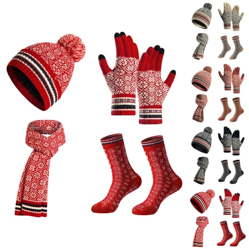 Cocila 4 Packs Women Winter Hat Scarf Gloves Socks Set Beanie Hat Long Scarf Thermal Touch Screen Gloves Warm Socks Soft Warm Set for Ladies Men Accessories Cold Weather Red