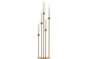 SIMPREFINE Gold Candelabra with Glass Cylinders for Real Candles 5 Arms Metal Candle Holder Wedding Event Party Home Decoration Centerpiece (1, M)