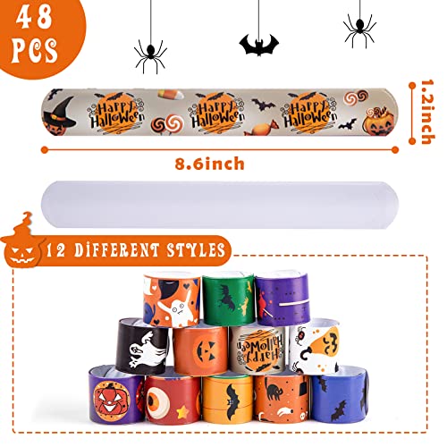 LovesTown Halloween Slap Bracelets, 48PCS Kids Slap Wristbands Snap Bracelets Ghost Jack o Lantern Bat Spider for Halloween Party Goodie Bag Fillers