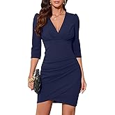 IHOT Women's 2026 Sexy V Neck 3/4 Sleeve Faux Wrap Ruched Sheath Bodycon Casual Party Cocktail Work Dress