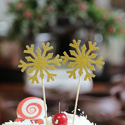 60 Pack Snowflake Cupcake Toppers Glitter Snowflake Cake Topper Picks for Christmas Birthday Party Baby Shower Wedding Cake Decoration (Gold)
