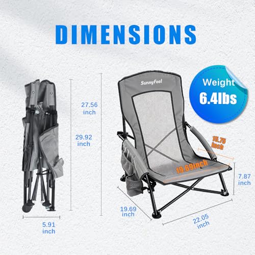 SUNNYFEEL Folding Low Camping Beach Chair 2 Pack, Lightweight Portable Lawn Chair with Mesh Back, Cup Holder for Outdoor/Travel/Picnic/Concert, Foldable Camp Backpack Chair with Carry Bag