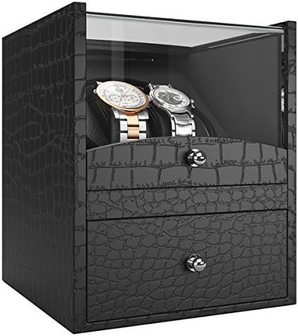 Double Automatic Watch Winder, CRITIRON Luxury PU Leather Rotating Watches Display Box with Drawer, Black