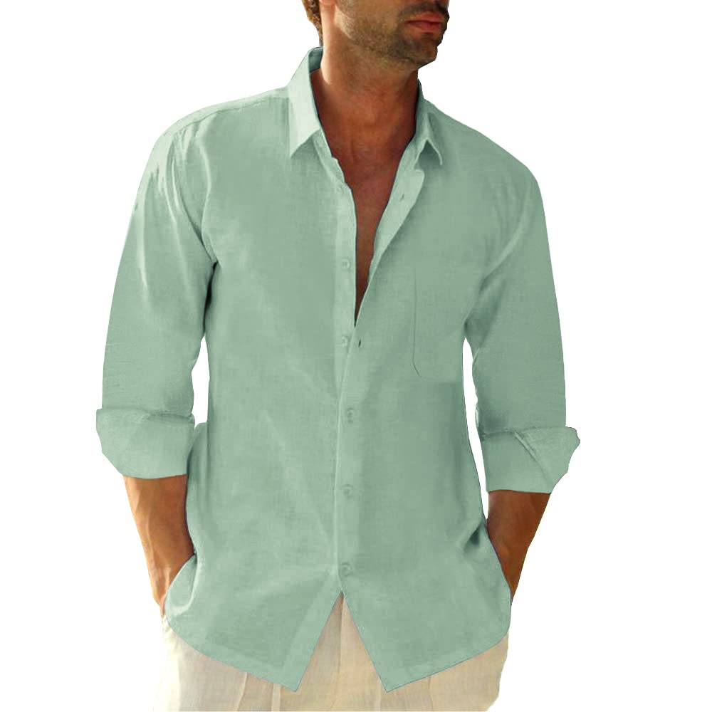 Button Down Linen Shirts for Men Casual Long Sleeve Regular Fit Cotton ...