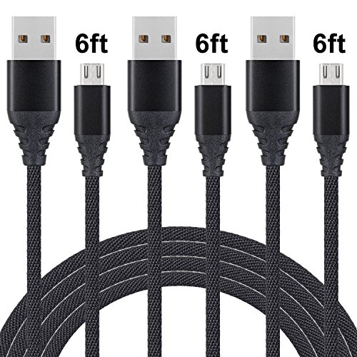Sunshell Micro USB Cable, 3 Pack 6FT Nylon Braided High Speed USB 2.0 A Male to Micro USB Male Cable for Android, Samsung, HTC, Nokia, Sony and More (Black)