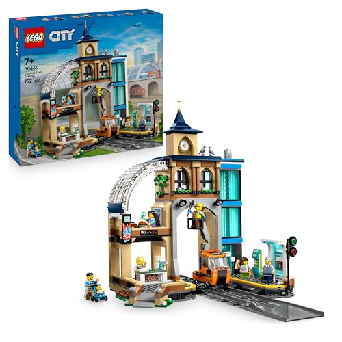 LEGO City Trains Hauptbahnhof - Wartungsfahrzeug-Spielzeug, funktionierendem Hublift, 2 Plattformen & 1 Gleisstück sowie 6 Minifiguren – Kreatives Ges