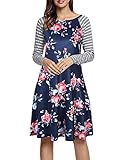 Liebeye Women Floral Print Stripe Long Sleeve Casual T-shirt Dress Blue-Rose XL