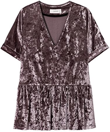 Lyoye Women's Velvet Short Sleeve Shirt Deep V Neck Peplum Babydoll Blouse Ruffle Hem Top Coffee XL