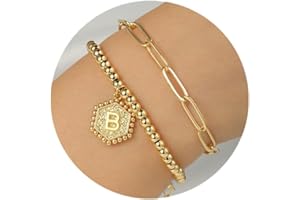 IEFWELL Gold Bracelets for Women Girls - 14K Real Gold Silver Rose Gold Initial Bracelets for Women Teen Girls Layered Paperclip Chain Beaded Bracelets Cute Link Bracelets for Teen Girls Jewelry Gifts