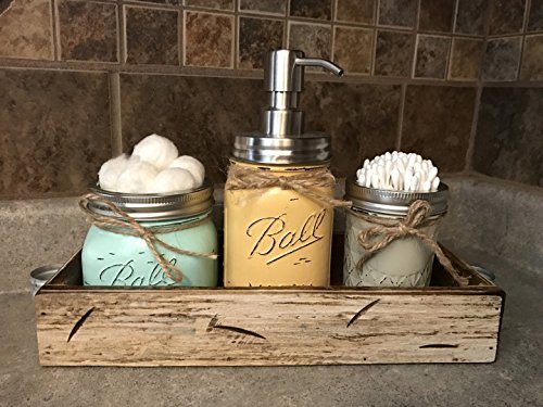 image for Wooden Hearts Ball Mason Jar BATHROOM SET in Antique WHITE Tray ~Cotto