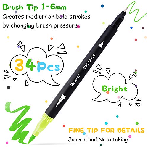 Coloring Markers Pen, Dual Brush Tip Marker for Adult Coloring, 34 Color Calligraphy Brush Fine Tip Pen for Beginner Journal Planner, Drawing, Doodle