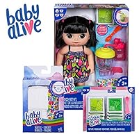 Baby Alive Sweet Spoonfuls Baby Black Straight Hair Doll, Bundle Exclusive, Doll Food and Diaper Refill, Toy for Kids 3 Years Old and Up