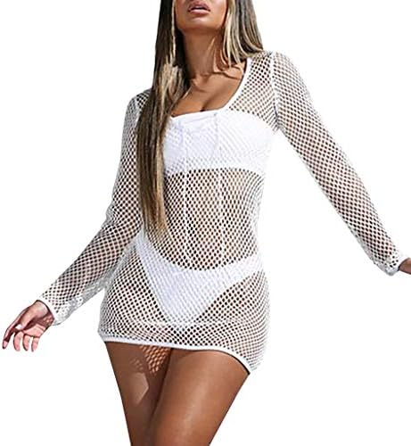 Sonnena Women Sexy Hollow Out Fishnet Transparent Bandage Long Sleeve Bodycon Mini Dress