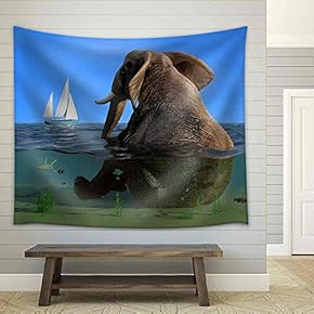 The Elephant is Sitting in The Water. - Fabric Wall Tapestry Home Decor - 51x60 inches