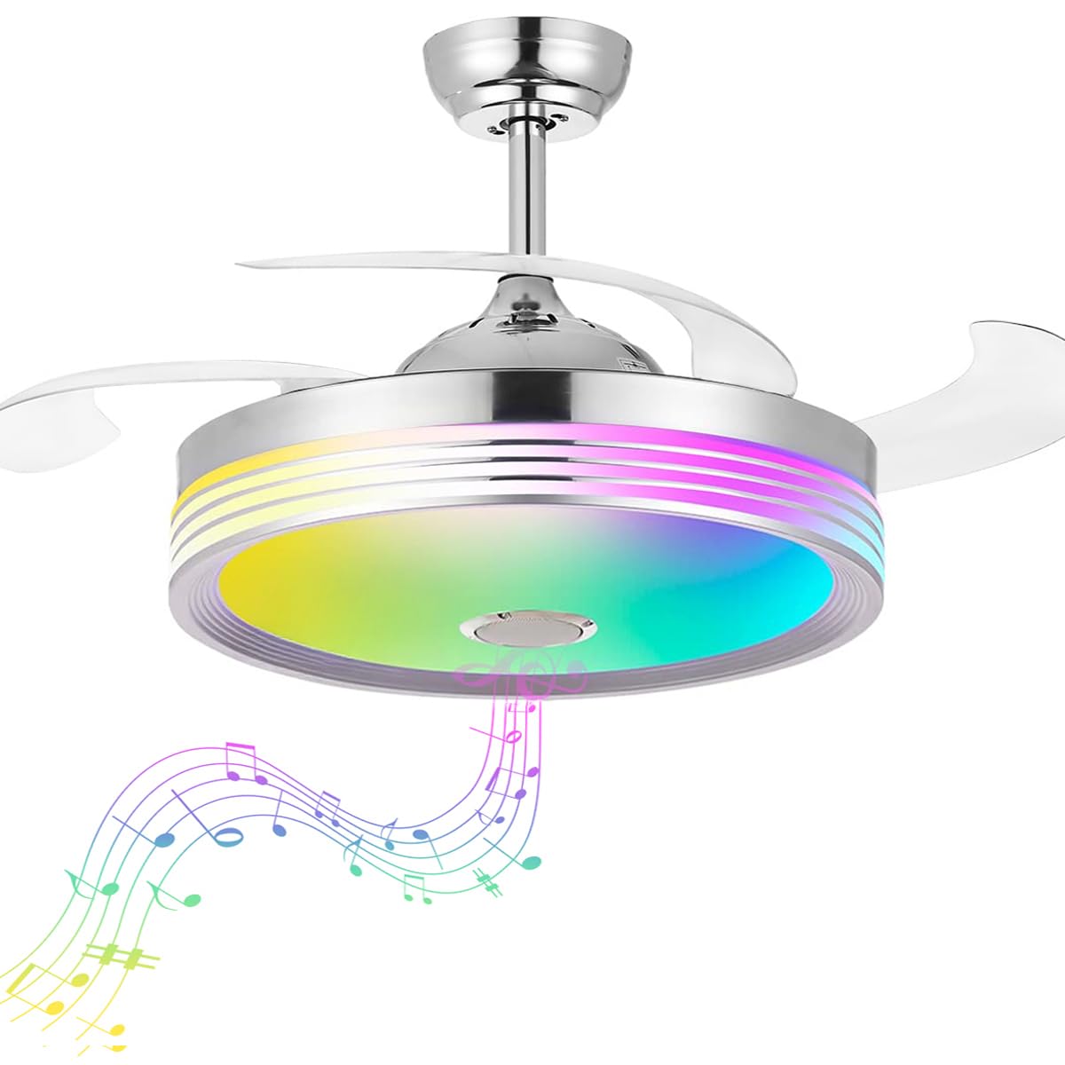 Photo 1 of **CRACKED PLASTIC COVER***48 inch Modern Retractable Ceiling Fan with Lights and Remote Control, 6Speed Dimmable Fandelier, Smart Ceiling Fan Light with Bluetooth Speaker, RGB Color Reversible Bedroom Living Room, Chrome