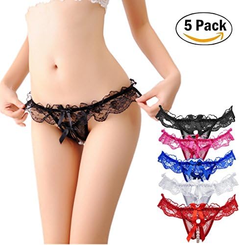 5 Pack Women's Thongs Pearls Panties Lace G-Strings Open Crotch Low-Waist