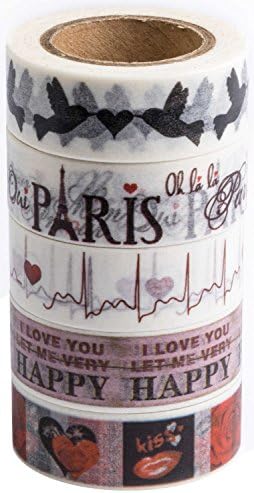 Washi Tape (Japanese Masking Tape) by MIKOKA, 0.6 Inches Wide, 32.8 Feet Long, Set of 5 - Love