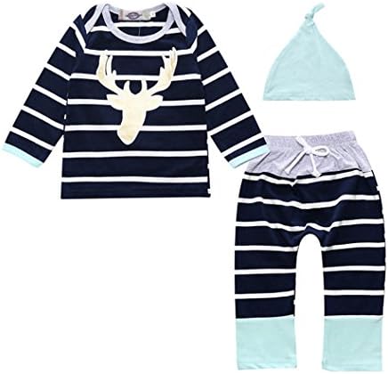 Outfit Set Baby Boy Clothes Striped Deer Long Sleeve Tops Pant Hat 18-24M
