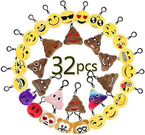 BUDI 32 Pcs No-repeated Emoji Keychains Fashion Party Favors Mini Plush Pillows for Kids and Adults Party Packs (32 Pcs)