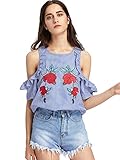 Floerns Women's Cold Shoulder Ruffle Rose Embroidered Striped Top