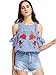 Floerns Women's Cold Shoulder Ruffle Rose Embroidered Striped Top Blue L