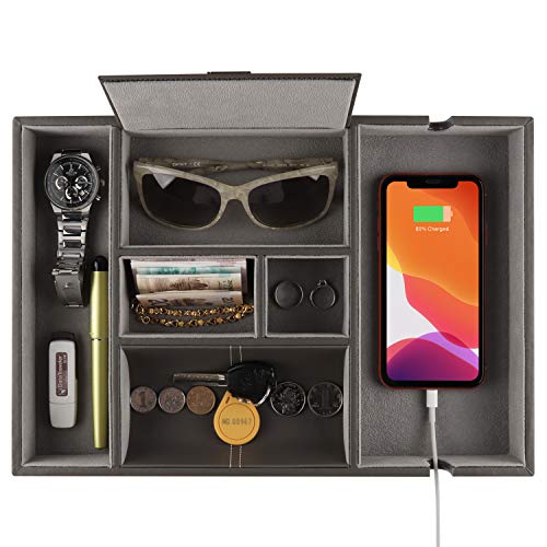PLENTY Leather Valet Tray for Men with Large Smartphone Charging Station (Grey)