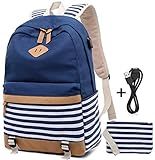 Girls School Backpack Striped Canvas Backpack High School Bag Women Casual College Laptop Backpack Coin Purse Blue
